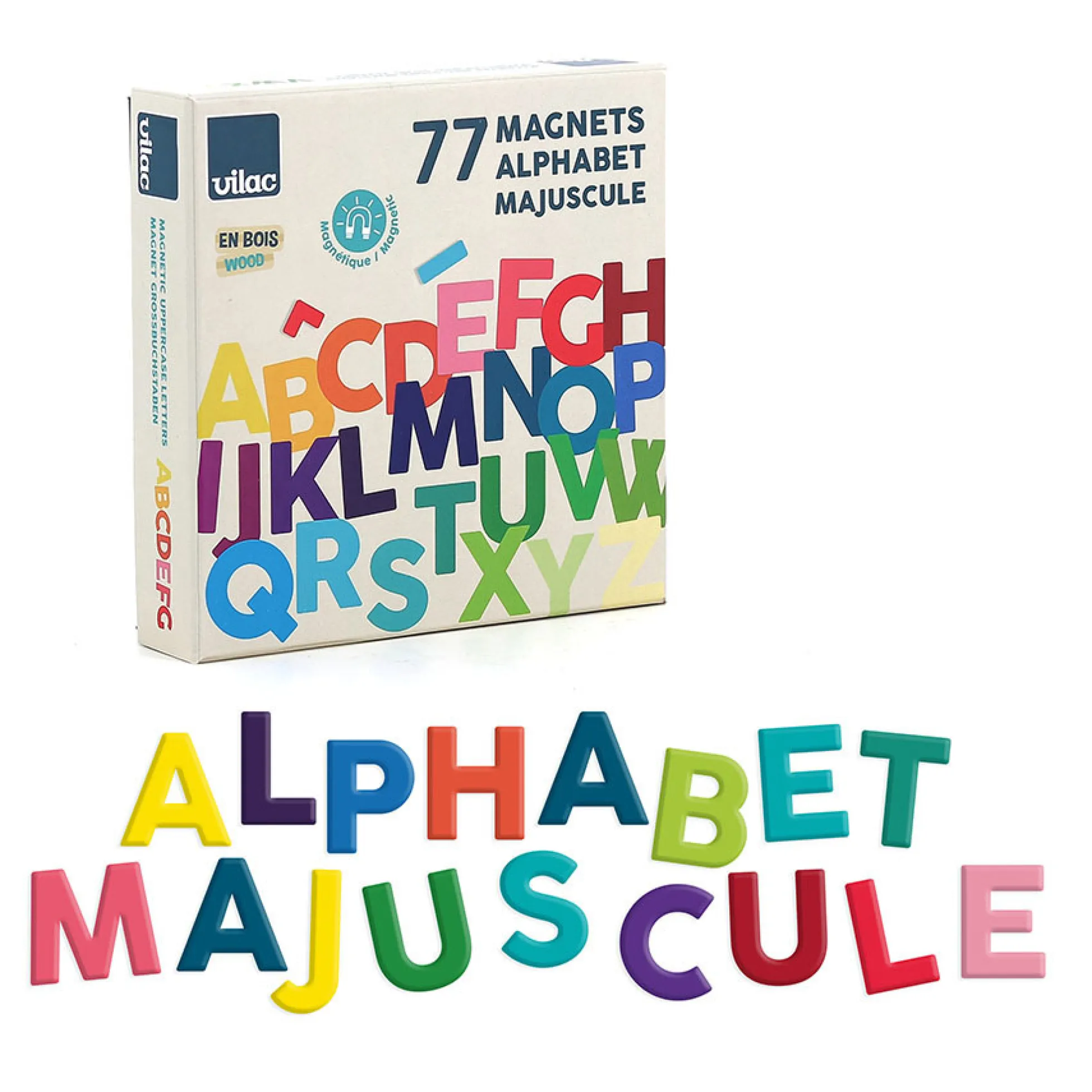 Coffret de magnets en bois, 77 lettres majuscules