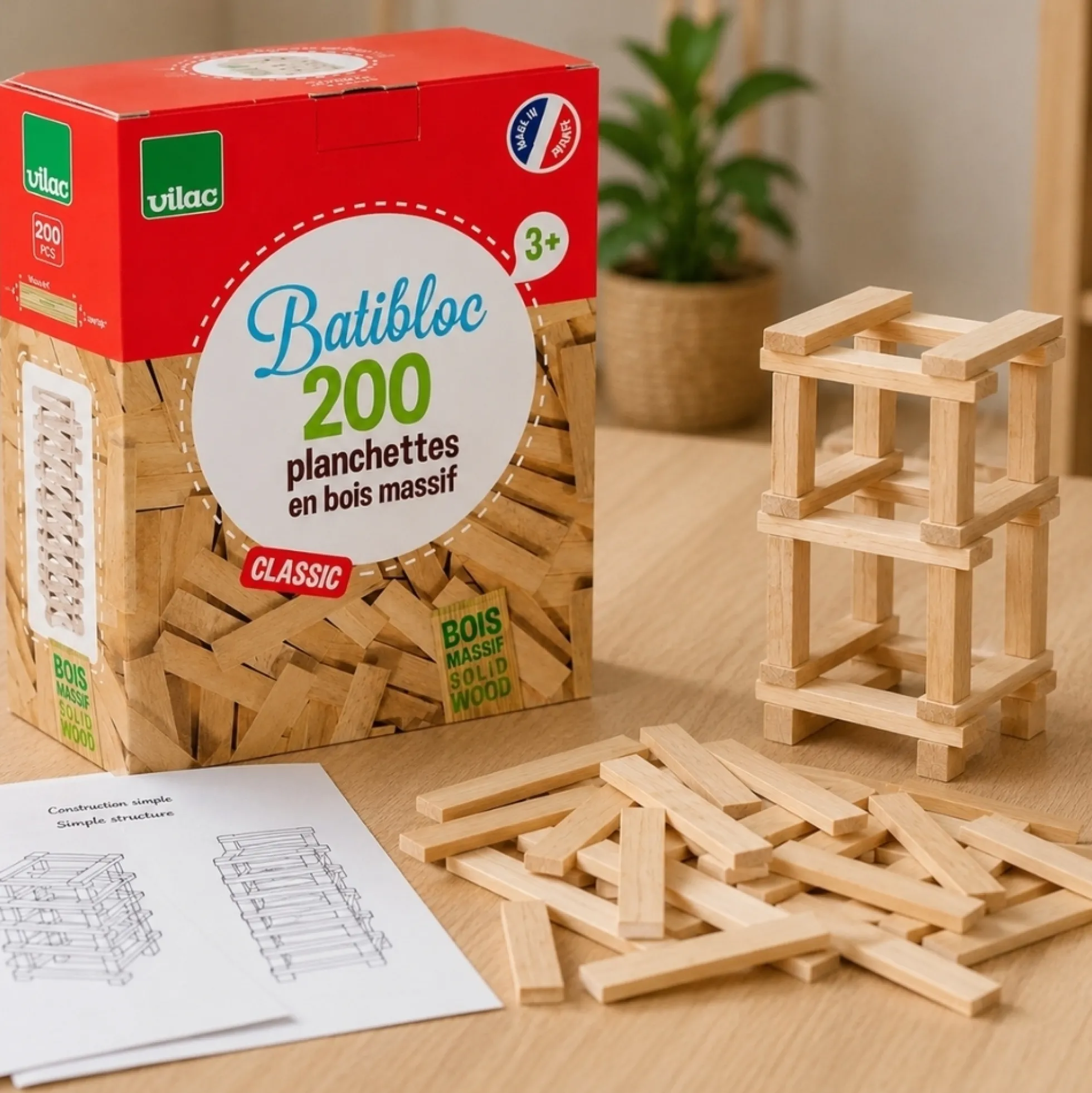 Jeu de construction en bois, Batibloc Classic 200 planchettes