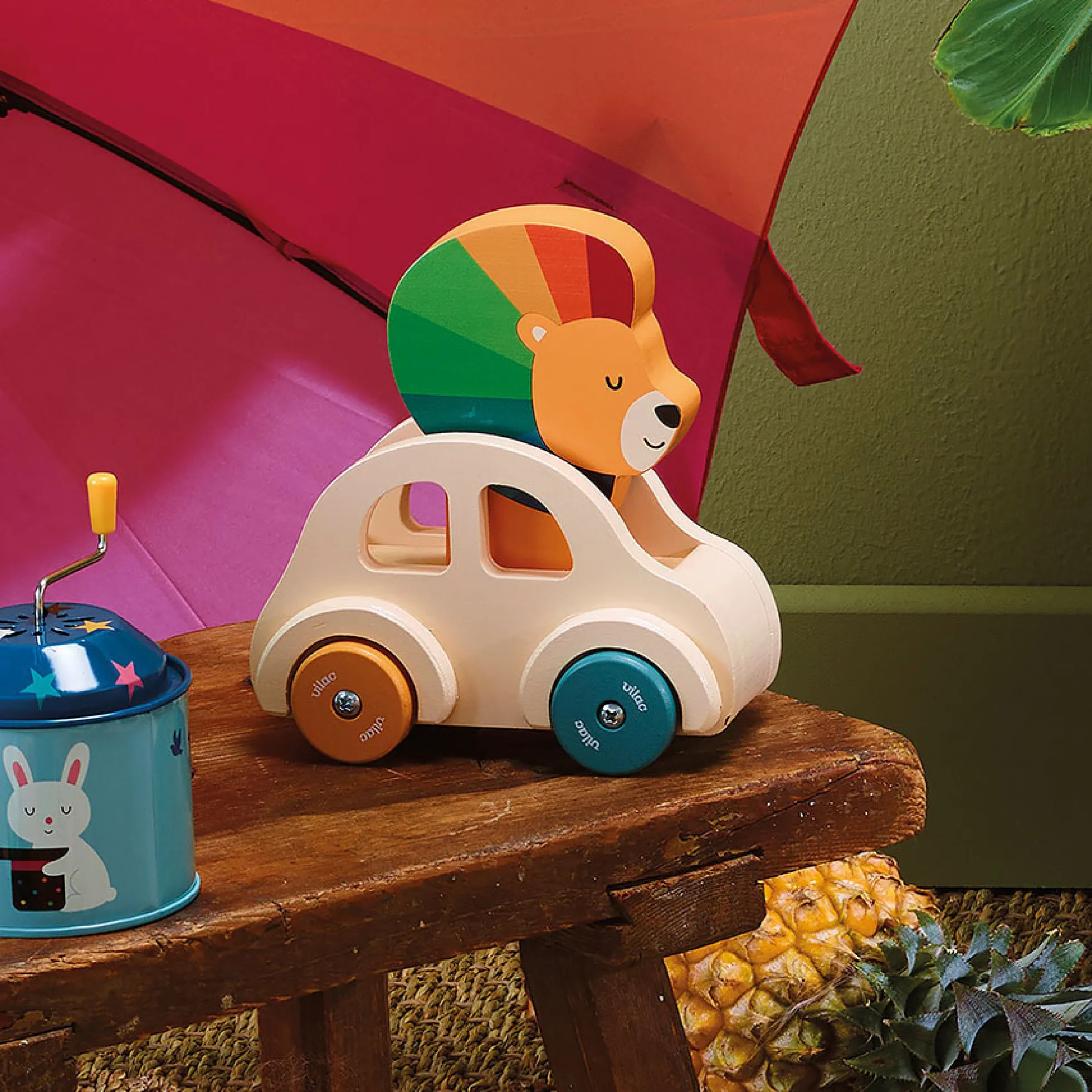 Jeu d’éveil en bois, Voiture klaxon Le lion - Andy Westface