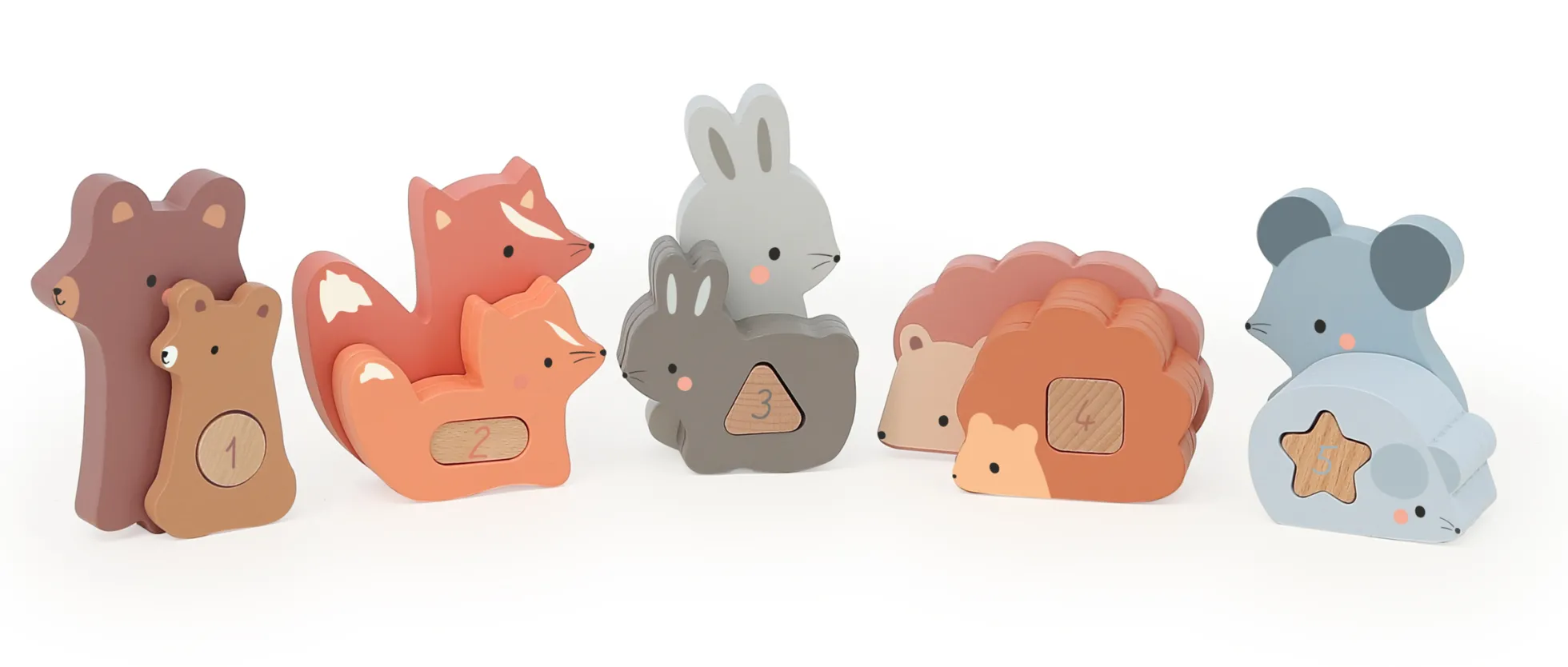 Maman-bébé 1, 2, 3, 4, 5 - Puzzles d'éveil en bois - animaux à compter