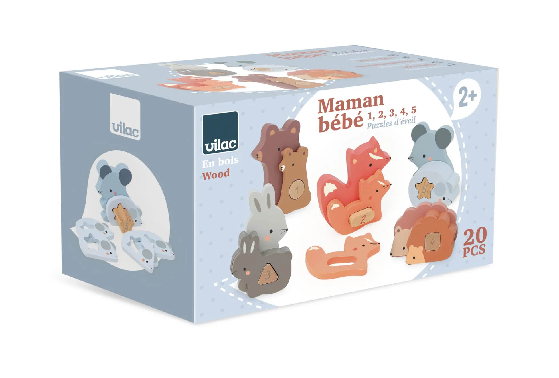 Maman-bébé 1, 2, 3, 4, 5 - Puzzles d'éveil en bois - animaux à compter